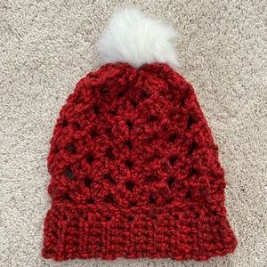 NWT Handcrafted Crocheted Chunky Beanie hat in scarlet red with white Pom Pom